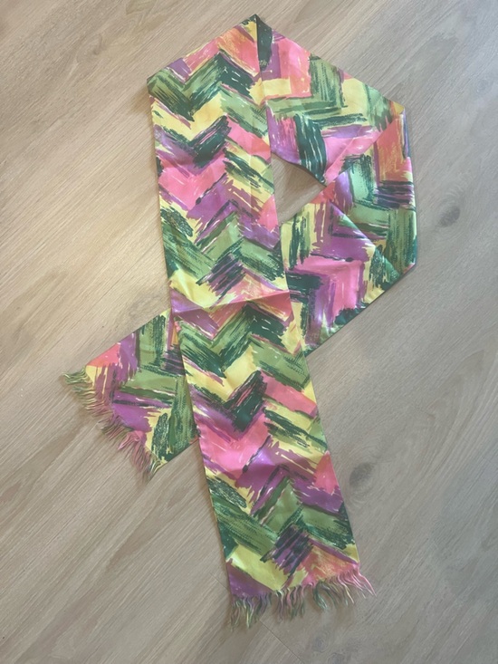 Accessories - Hand-Painted Silk Multicolor Scarf with Fringed Ends Pink/Green/Yellow